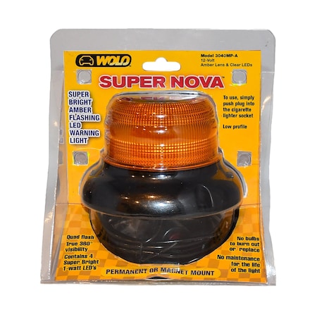 Wolo SuperNova Amber LED Beacon, 8 1-watt LED, Lighter Plug Power, Quad Flash, Magnetic or Permanent Mount 3040MP-A